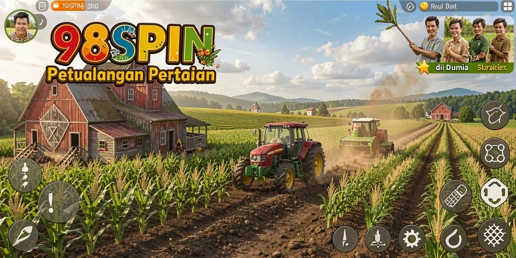 Screenshot utama gameplay 98SPIN menunjukkan aktivitas bertani yang seru.