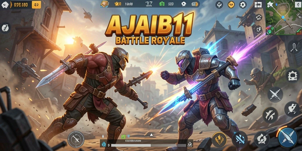 Screenshot utama AJAIB11 menunjukkan aksi seru di pertarungan Battle Royale.