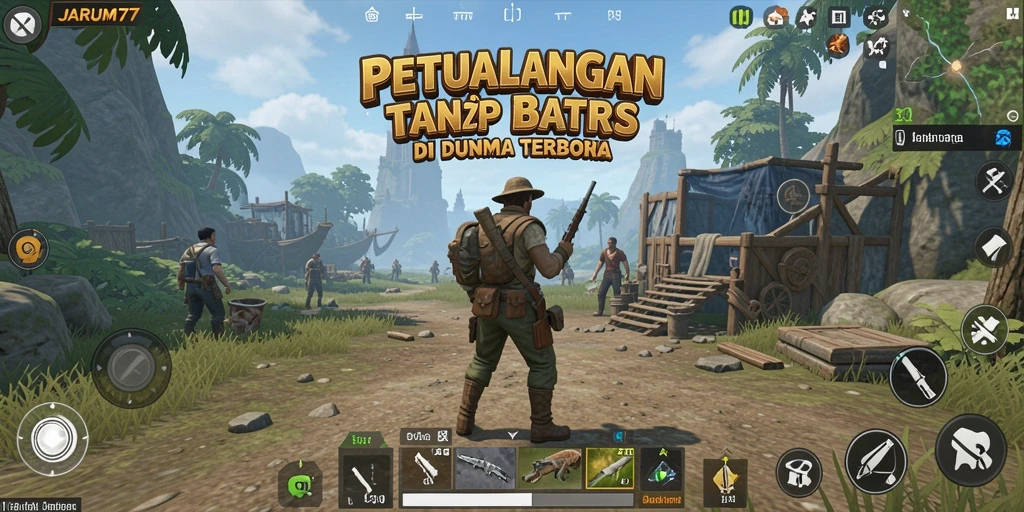 Screenshot gameplay JARUM77 menampilkan petualangan luas dan interaksi pemain.