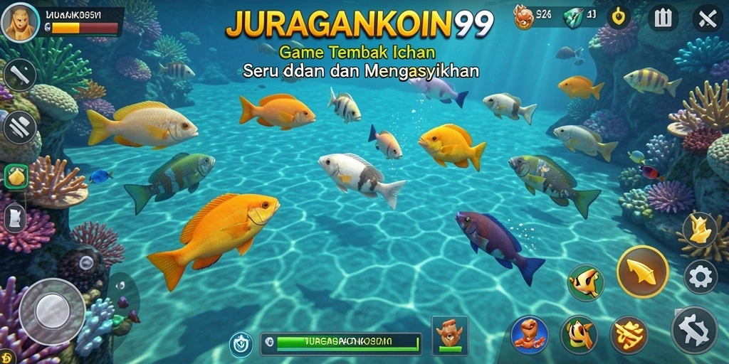 Screenshot gameplay JURAGANKOIN99 menampilkan aksi menembak ikan yang menarik.