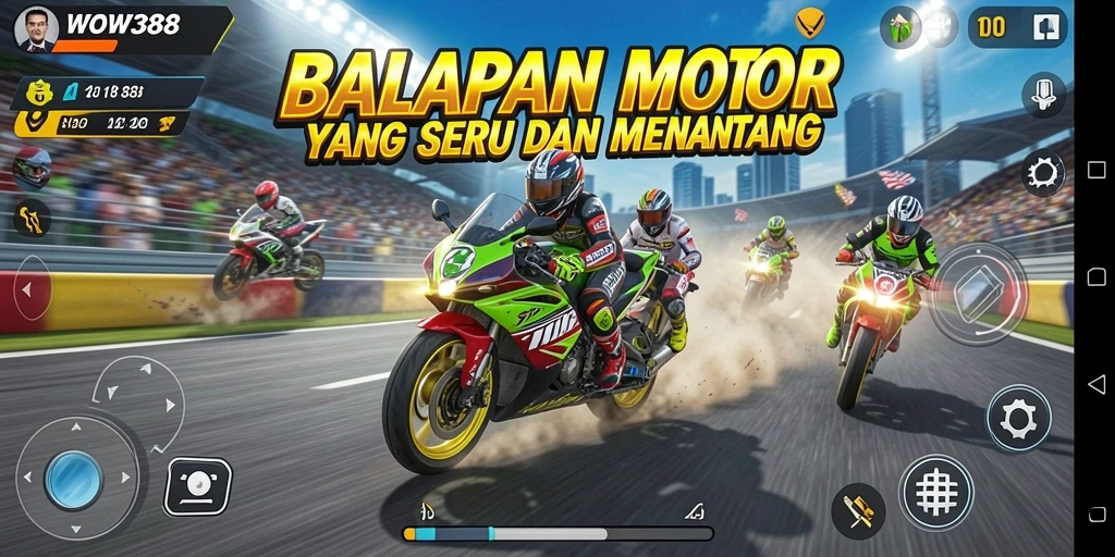 Tampilan gameplay seru di <strong>WOW388</strong> dengan balapan motor yang mendebarkan.